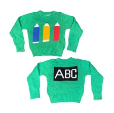 Vintage JG Hook Kids Green Knit Sweater Size Small Pencils ABCs School Time