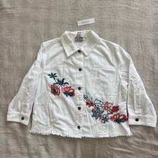 New Chico s White 100 Cotton Embroidered Jacket Cropped Raw Hem SZ 2 Large Spot