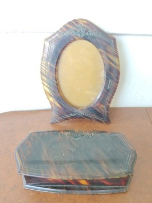 MCM Tortoise Celluloid Vanity Trinket Jewelry Dresser Photo Frame Lot 