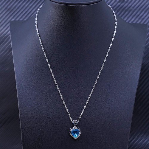 17” Sterling silver 925 twisted curb chain necklace blue topaz heart ...