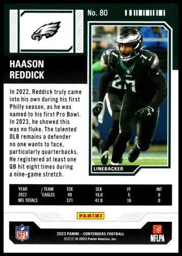 2023 Haason Reddick Panini Contenders Season Ticket Football #80 Eagles - Picture 2 of 2