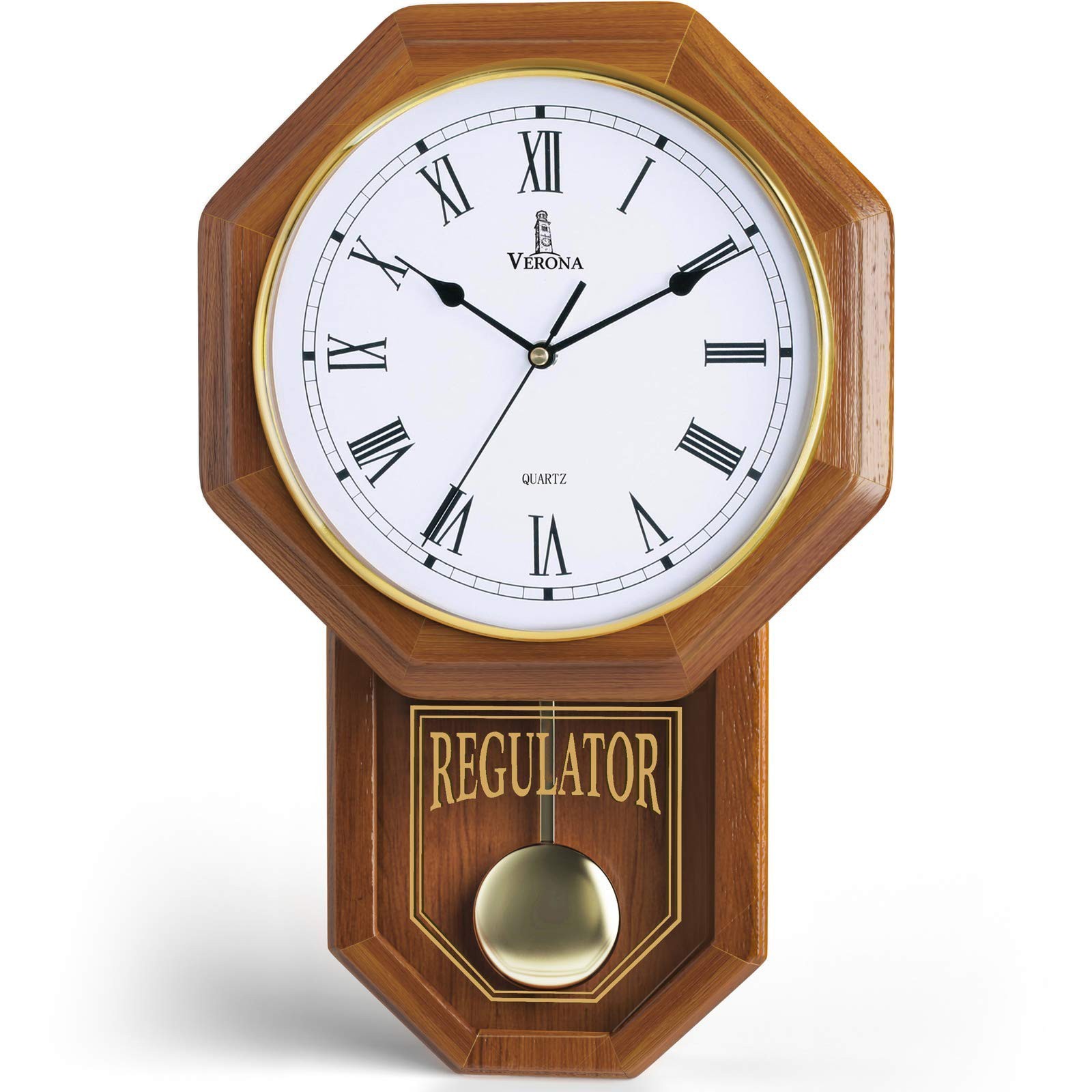 Pendulum Wall Clock Battery Operated - Real Wood Regulator Clock - Schoolhous...
