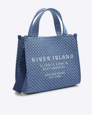 River Island Womens Tote Bag Blue Denim Monogram Popper Detachable Strap