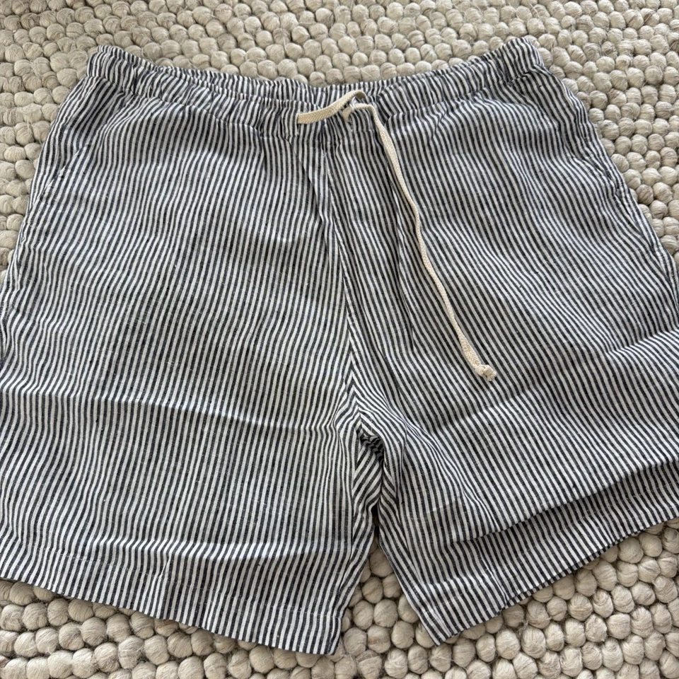 Alex Crane Bo Shorts Mens Size XL 100% Linen Blue Striped Drawstring Casual - Image 1 of 1