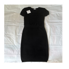 RED Valentino L Black Knit Sheath Dress Ruffle Bow Round Neck Short Sleeve