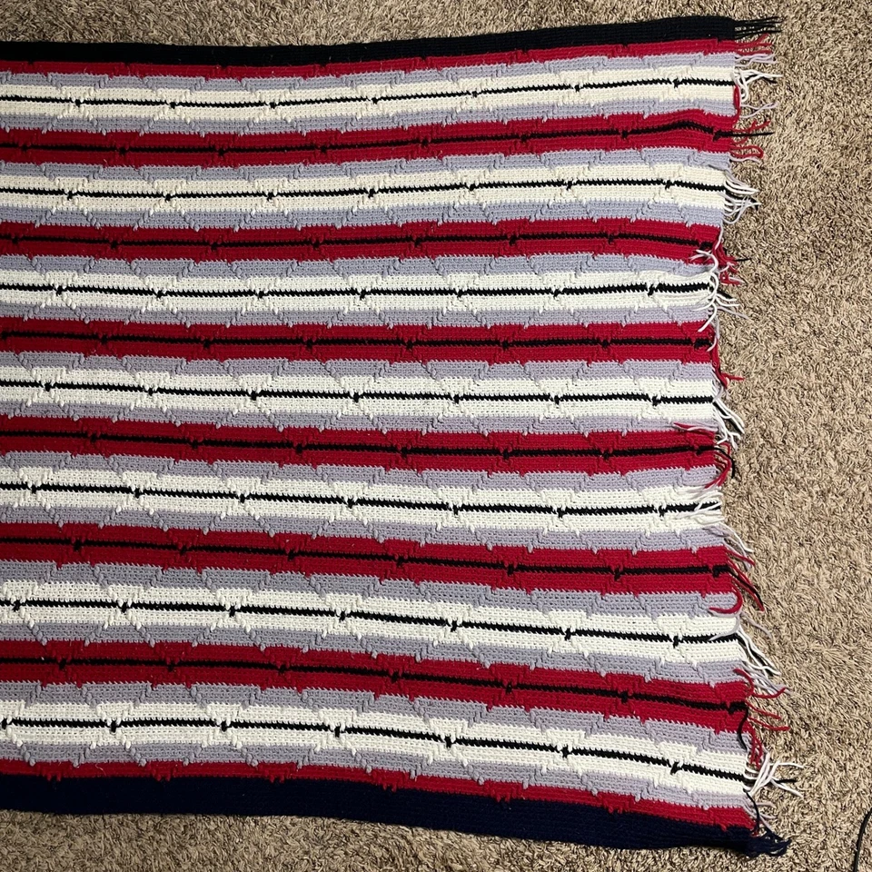 Striped Crocheted Throw Afghan Blanket Red Gray White Black Home Decor - Image 3 of 4