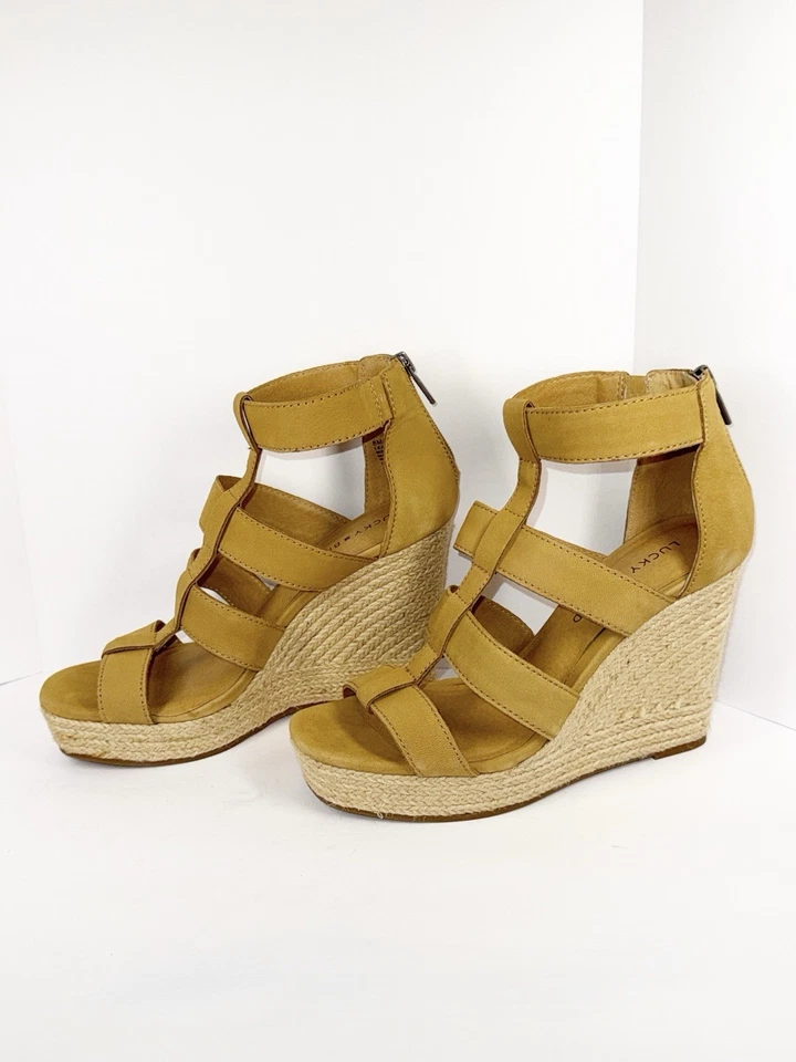Lucky Brand Strappy Wedge Espadrille Platform Boho Tan Leather Gladiator 8/38 - Image 4 of 4