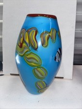 Lovely Murano Style Hand Blown Art Glass Oval Vase Blue Green Abstract 10 3/4  