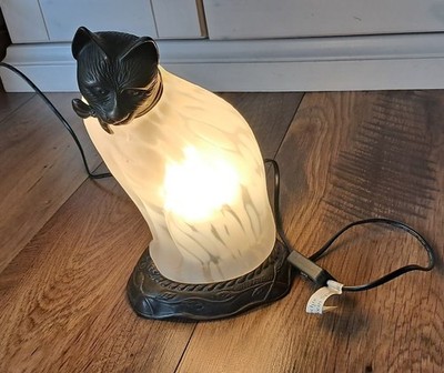 Vintage Tin Chi Glas Katzenlampe, Tischleuchte Andrea by Sadek Kopf, Sockel Bron