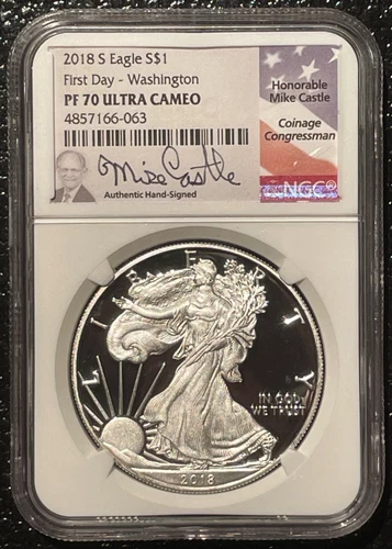 2018-S $1 SILVER AMERICAN EAGLE NGC PF70 First Day of Issue Mike Castle : 07005