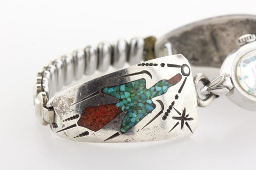 Bulova Sterling Silver 925 Navajo Peyote Bird & Tent Mural Band Watch 5.5" - Picture 5 of 9