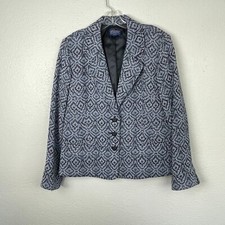 Pendleton Women's Blue Diamond Pattern Tweed 1 00 Wool 3 Button Blazer -Size 12