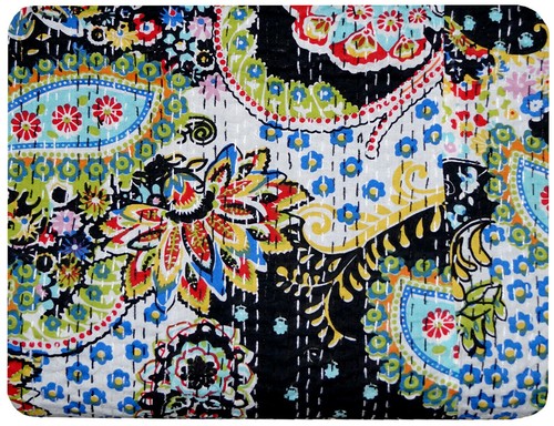 Black Paisley Indian Quilt Kantha Bedspread Throw Cotton Bedding Blanket Gudari - Picture 2 of 3