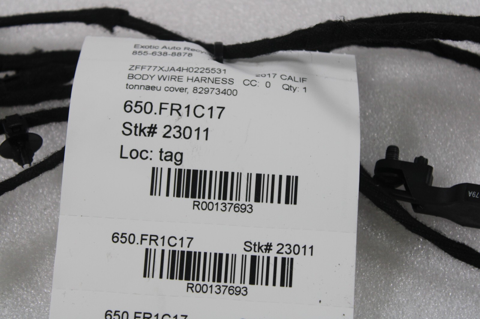 Ferrari California, Tonnaeu Cover Wire Harness, Used, P/N 82973400