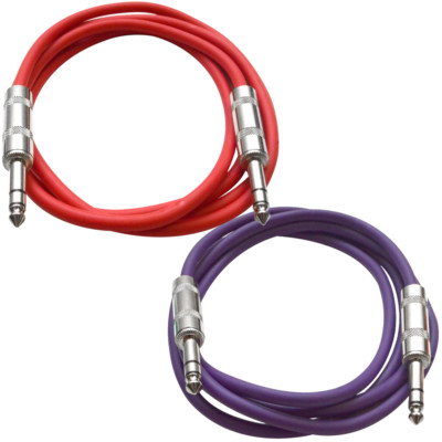 2 Pack of 1/4'' TRS Patch Cables 6 Ft Extension Cords Jumper 3 Pin Various Colors