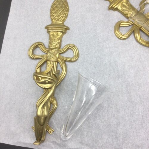 Par de apliques de latón estilo francés conjunto de jarrones de vidrio trompeta de latón cinta - Imagen 6 de 6