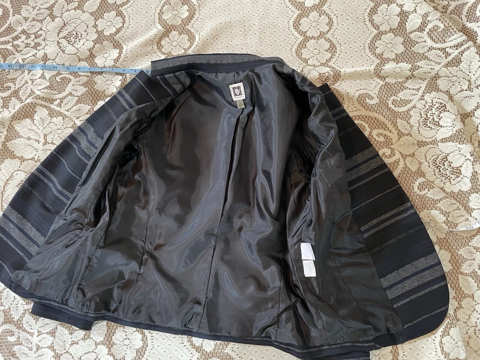 Anne Klein Women Jacket Band Collar Open Front Striped Black Grey Blazer Sz S - Image 3 of 4