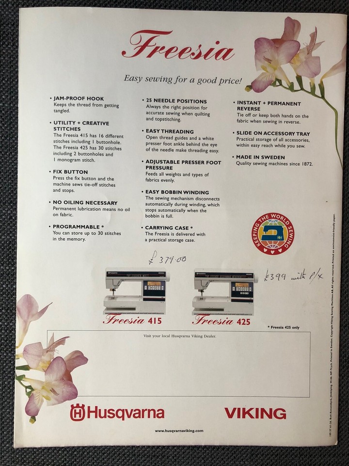 Husqvarna Viking 425 Freesia Computerised Sewing Machine With User’s
