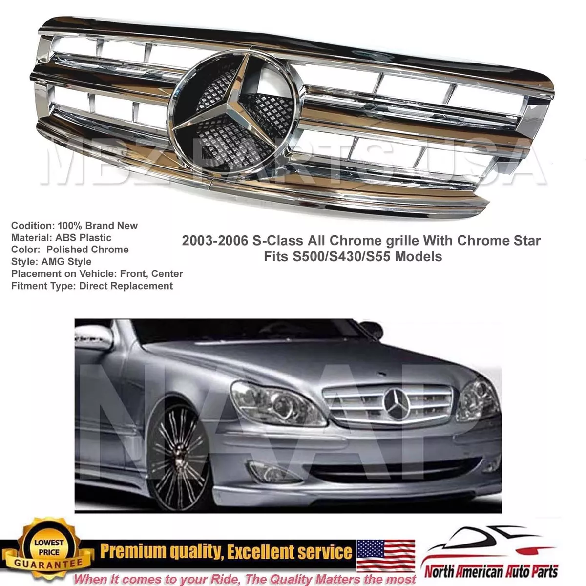 S430 S500 S55 S Class Chrome Grille AMG Emblem Star 2003 2004 2005
