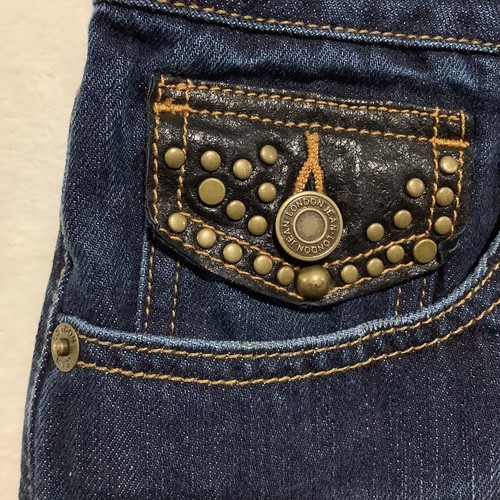 LONDON JEAN Mini Jean Skirt Dark Wash Embellished Studded Distressed Hem Size 12 - Picture 2 of 12