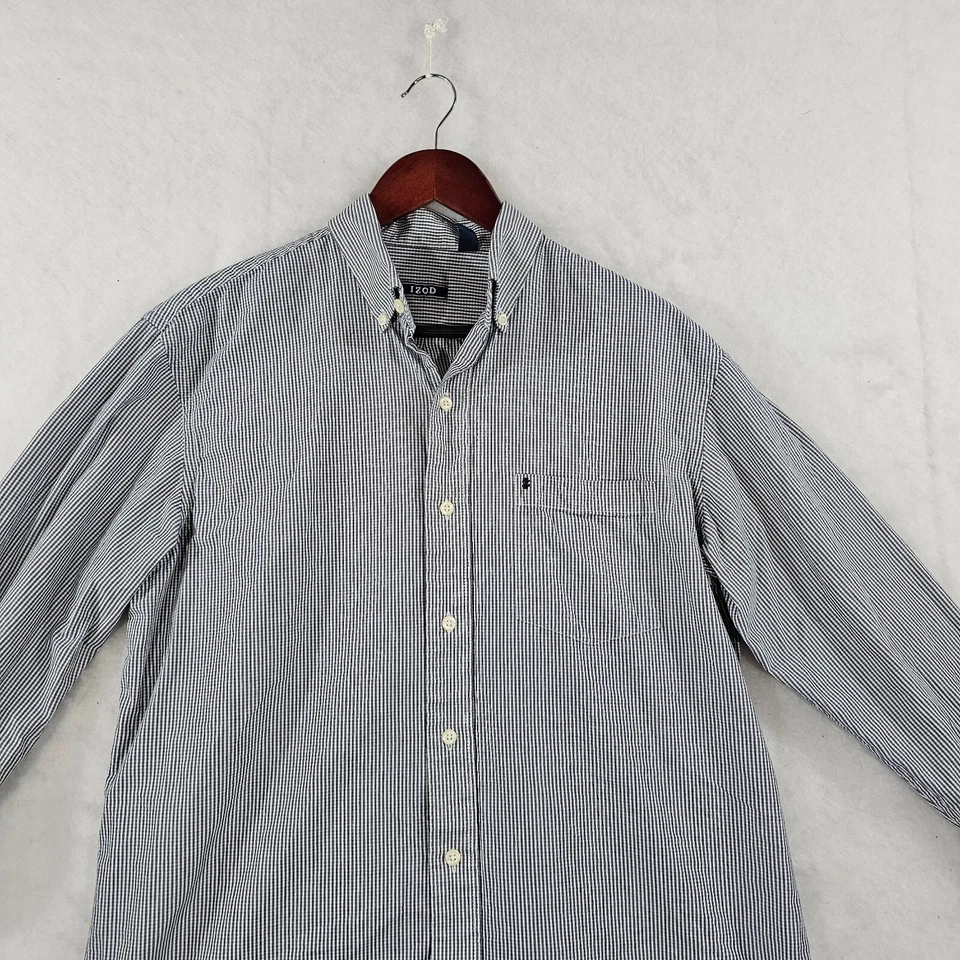 Camisa de vestir IZOD para hombre con botones mangas largas bolsillo logotipo guinga gris blanco M Foto 4 de 4