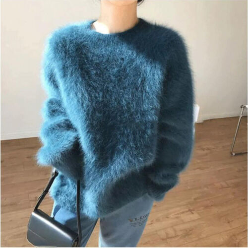 Mujeres Imitación Mohair Suéter Cuello Redondo Jumper Prendas de punto Informal Invierno Cálido Peluche - Imagen 4 de 13