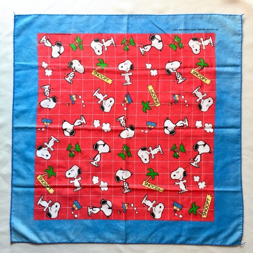 Snoopy Vtg Handkerchief Cotton Square Napkin 1958 Tropical Blue Red Grid USA - Picture 3 of 8