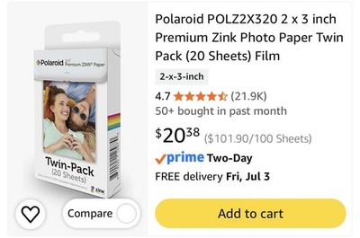 Polaroid POLZ2X320 Premium ZINK Photo Paper 2x3'' - 20 Sheets