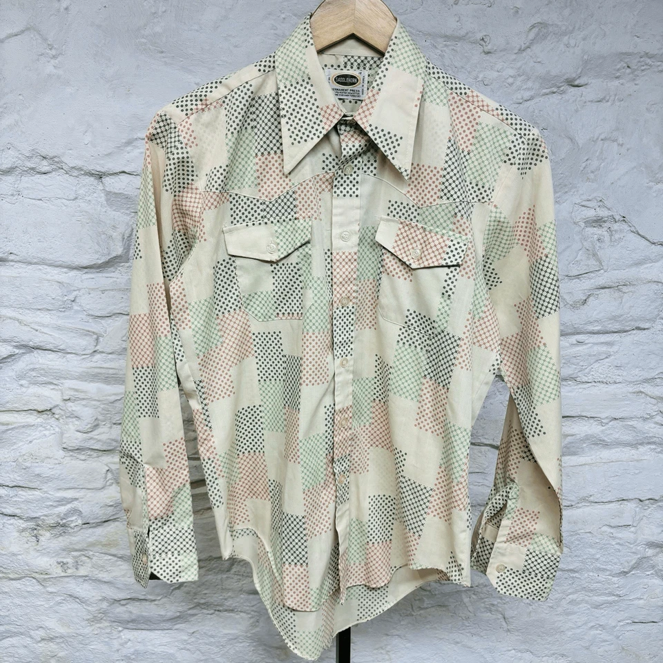 Camisa Saddlehorn Vintage Años 70 Disco Estampado Abstracto Daga Cuello Extendido Hippie Foto 2 de 4
