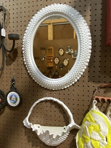 White Hobnail Round Wall Mirror Vintage Plastic Milk Glass Style with basket