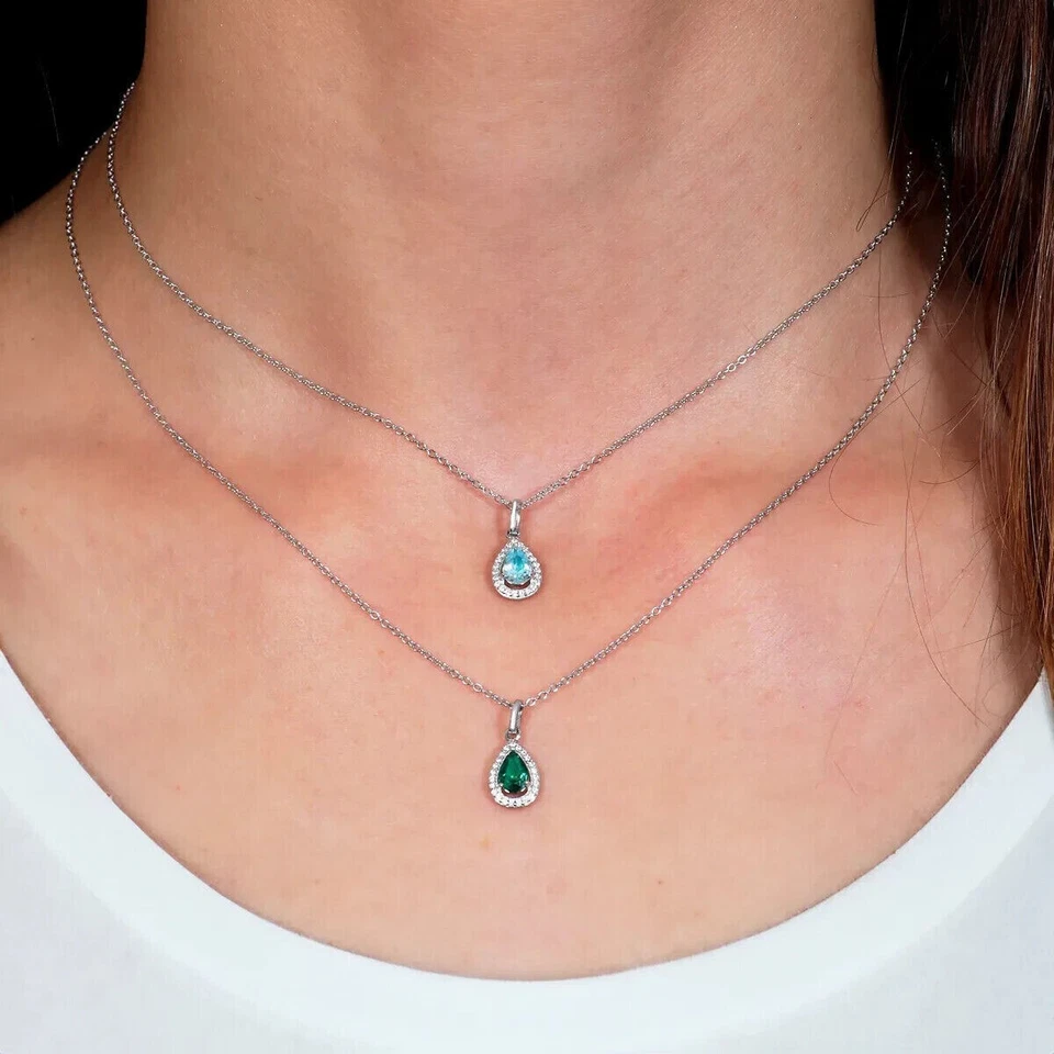 Collana Donna Argento 925 Goccia Zircone Colore Acquamarina o Blu Amen Gioielli - Immagine 2 di 4
