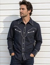 H Bar C California Ranchwear Embroidered Snap USA Western Shirt Black/White Sz L