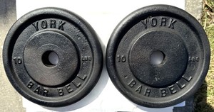 LOT OF TWO (2) 10 POUND YORK BARBELL WEIGHT PLATES (A)