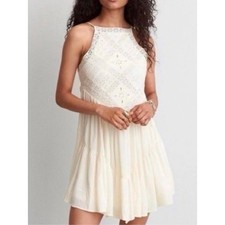American Eagle Romantic Western Boho Crochet Halter Mini Dress off white S 4196