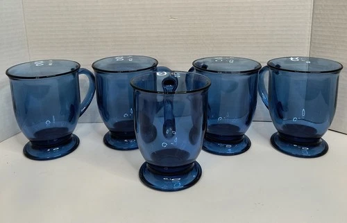Cobalt Blue Glass Mugs 16 oz Footed Flared Anchor Hocking Set Of 5