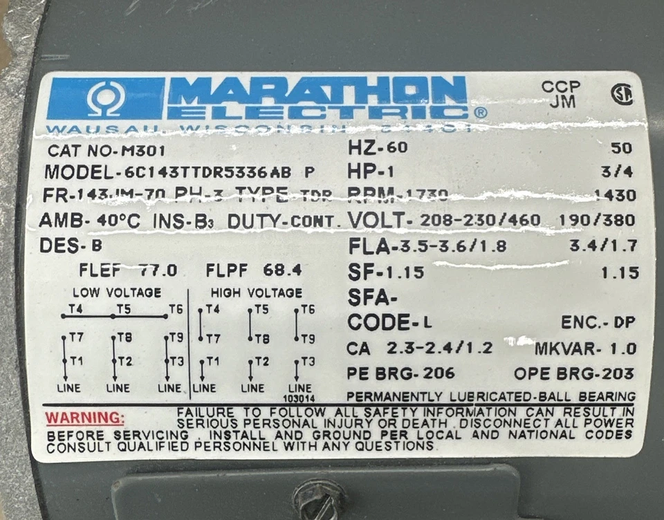 Marathon Electric M301 Electric Motor 6C-143TTDR5336 AB P 1HP 208-230/460V 🇺🇸 - Image 2 of 4
