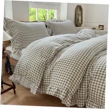 Ruffle Duvet Cover Queen Size, 3 Pieces Taupe Soft Pre Queen/Full Tan Gingham