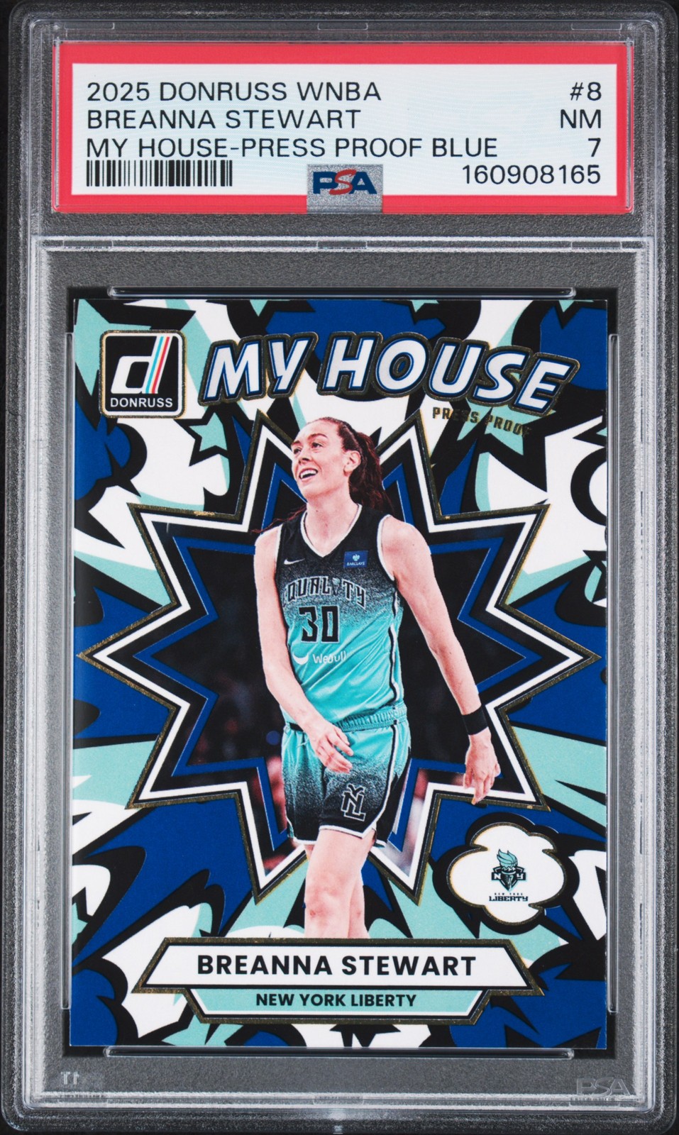 2025 PANINI DONRUSS WNBA MY HOUSE PRESS PROOF BLUE #8 BREANNA STEWART PSA 7