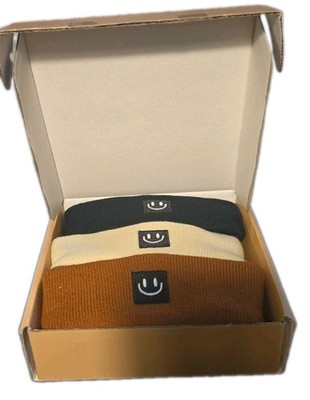 3pc Toddler Baby Beenie Hats Cream, Brown, Black - Smiley Face