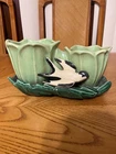 MC COY POTTERY USA GREEN DOUBLE TULIP PLANTER W/ BLACK & WHITE SWALLOW SEE PICS