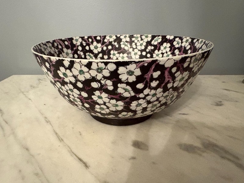 Japanese Porcelain White Cherry Blossom Bowl 10" Vintage Hong Kong Handmade