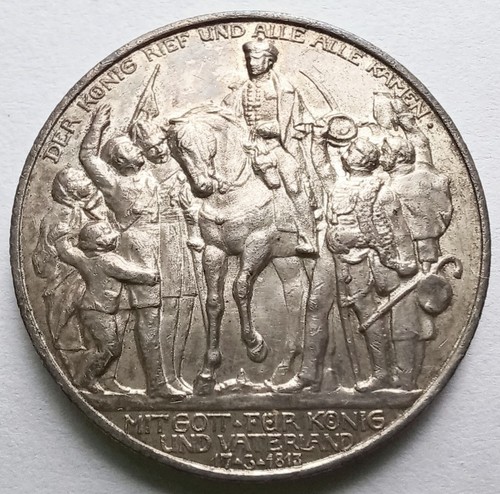 1913-A Prussia 2 Mark Silver Napoleon War Centennial Berlin KM#532 AU/UNC Detail
