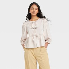 Womens Elbow Sleeve Peplum Tie-Front Blouse -...