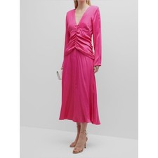 Farm Rio Women's Pink Long Sleeve Ruched-Waist Midi Dress Size M
