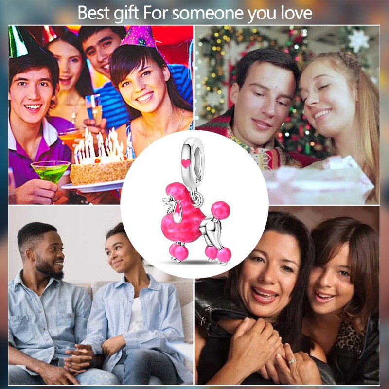 KUNSIR Sterling Silver Pink Proud Poodle Pendant Charm For European Bracelet DIY