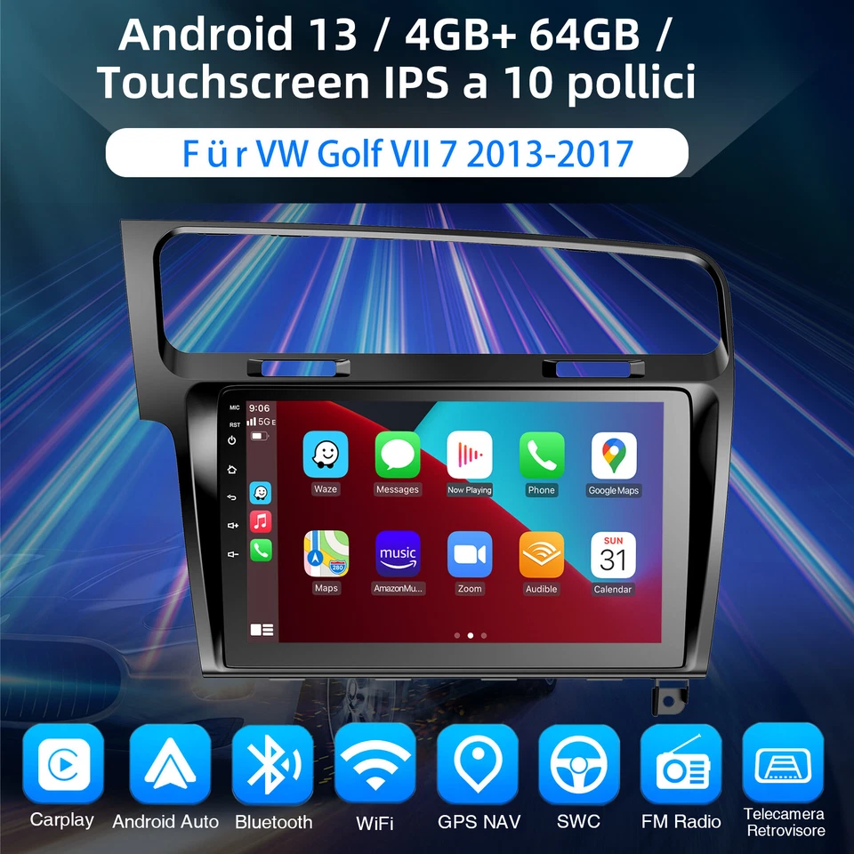 10" Autoradio 4G+64GB per VW Golf 7 CarPlay AndroidAuto GPS NAVI WiFi Bluetooth - Immagine 2 di 4