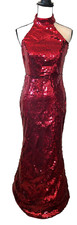 Fashion Nova Red Sequin Maxi Gown Dress Sz Med Choker Open Back