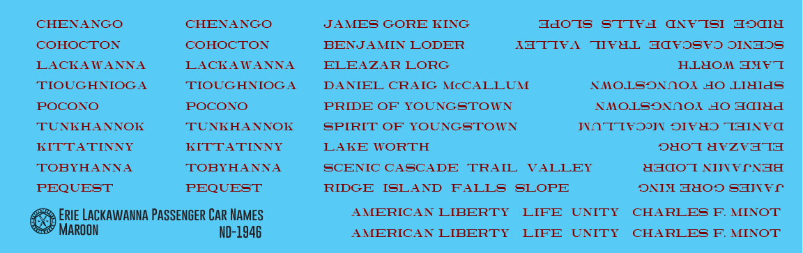 N Scale - Erie Lackawanna Maroon Passenger Car Names Decal Set