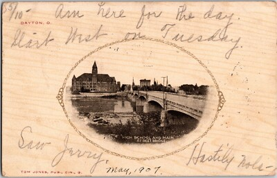 #ad #ad 1907 Vintage Real Photo RPPC Postcard Main Street Bridge amp; High School Dayton OH $18.89