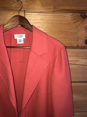 Talbots Plus Sz 14 Blazer Jacket 100% Wool Open Front Coral Orange Pleat Back